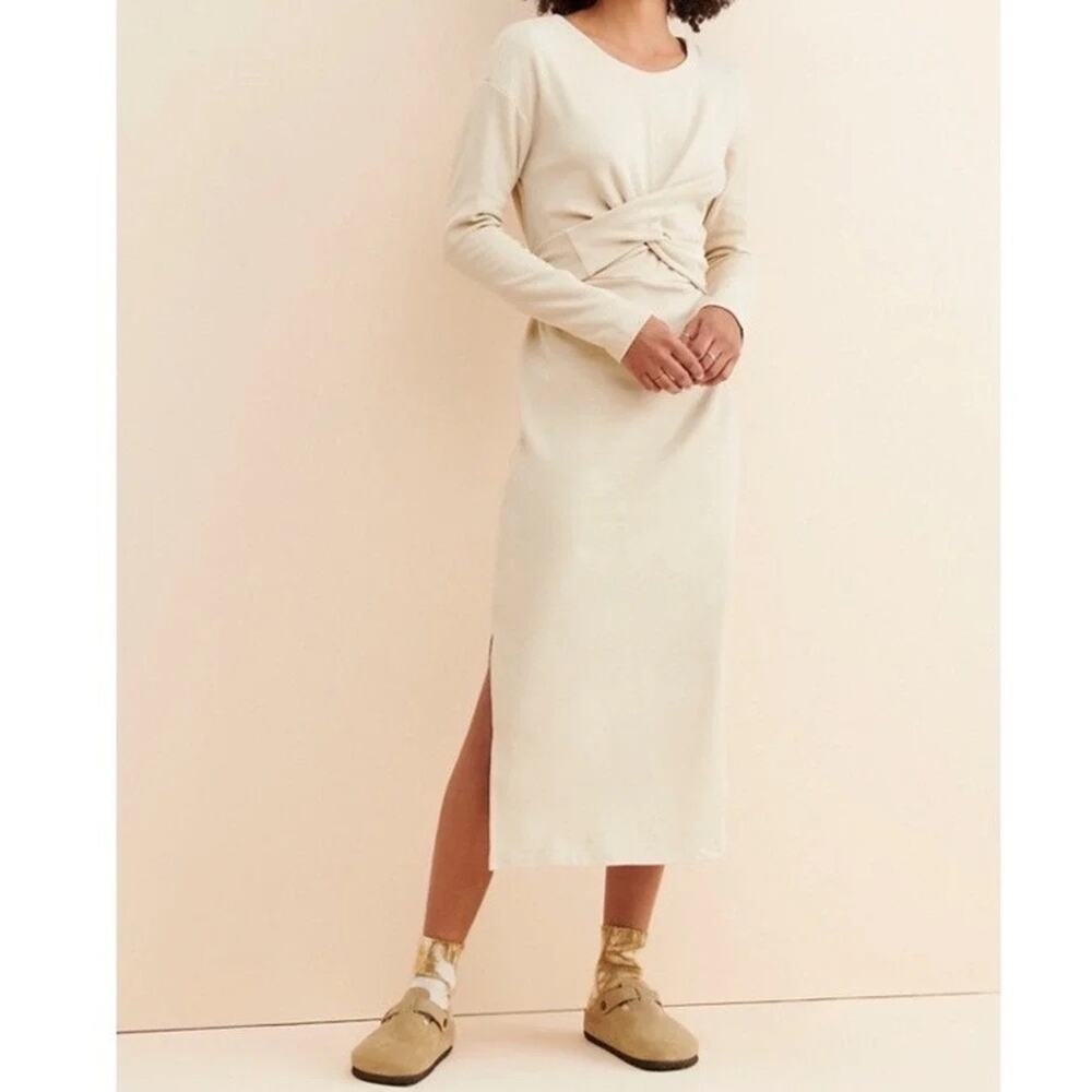 Faherty Cream Long Sleeve Twist Dress Women's Large Midi Minimalist